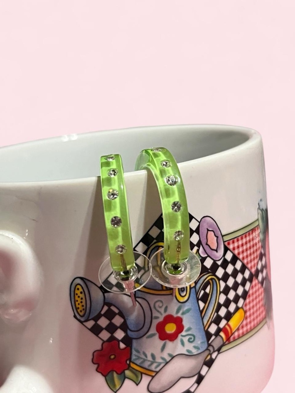 Neon Lime Hoop Earrings with Rhinestones